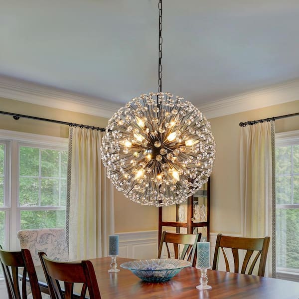 LLHZSY 23.6 in. 12 - Light Black Globe Crystal Dandelion Dimmable Sputnik Starburst Sphere Chandelier
