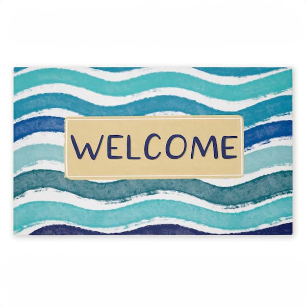 Coastal Waves Welcome Blue 18 in. x 30 in. Polyester Non-Slip Outdoor Door Mat
