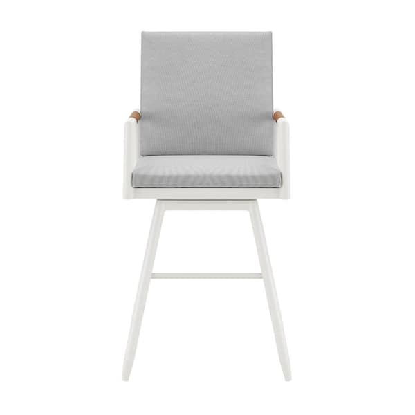Armen Living Crown Bar Height Swivel Teak Outdoor Bar Stool with Light Gray Cushion