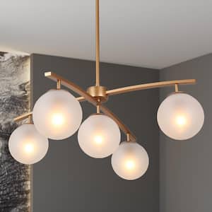 Combin 5-Light Modern Brass Gold Chandelier, Adjustable Hanging Pendant Light with Globe Frosted Glass Shade