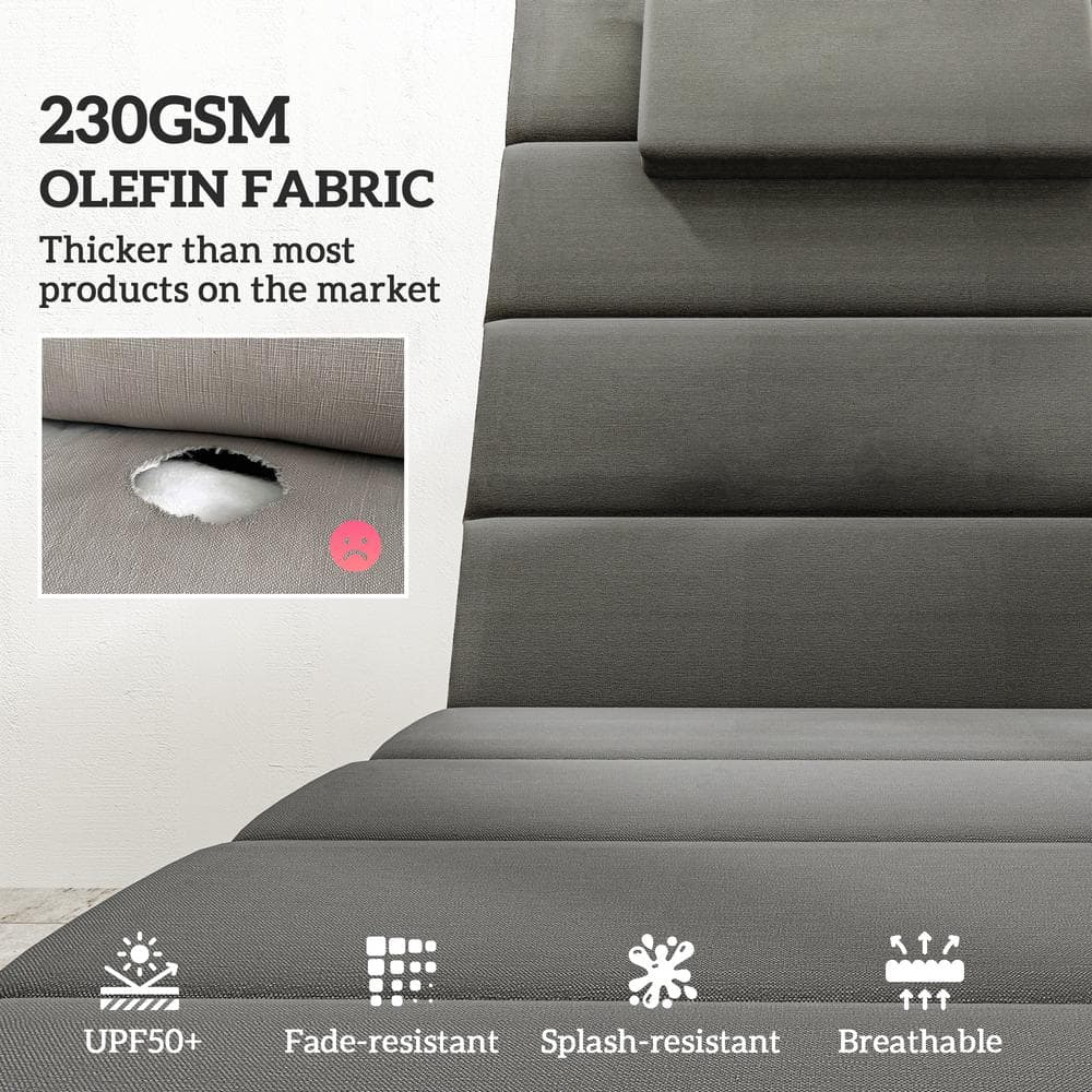 Dark Gray Foldable Olefin Chaise Lounge Cushion Set with Headrest