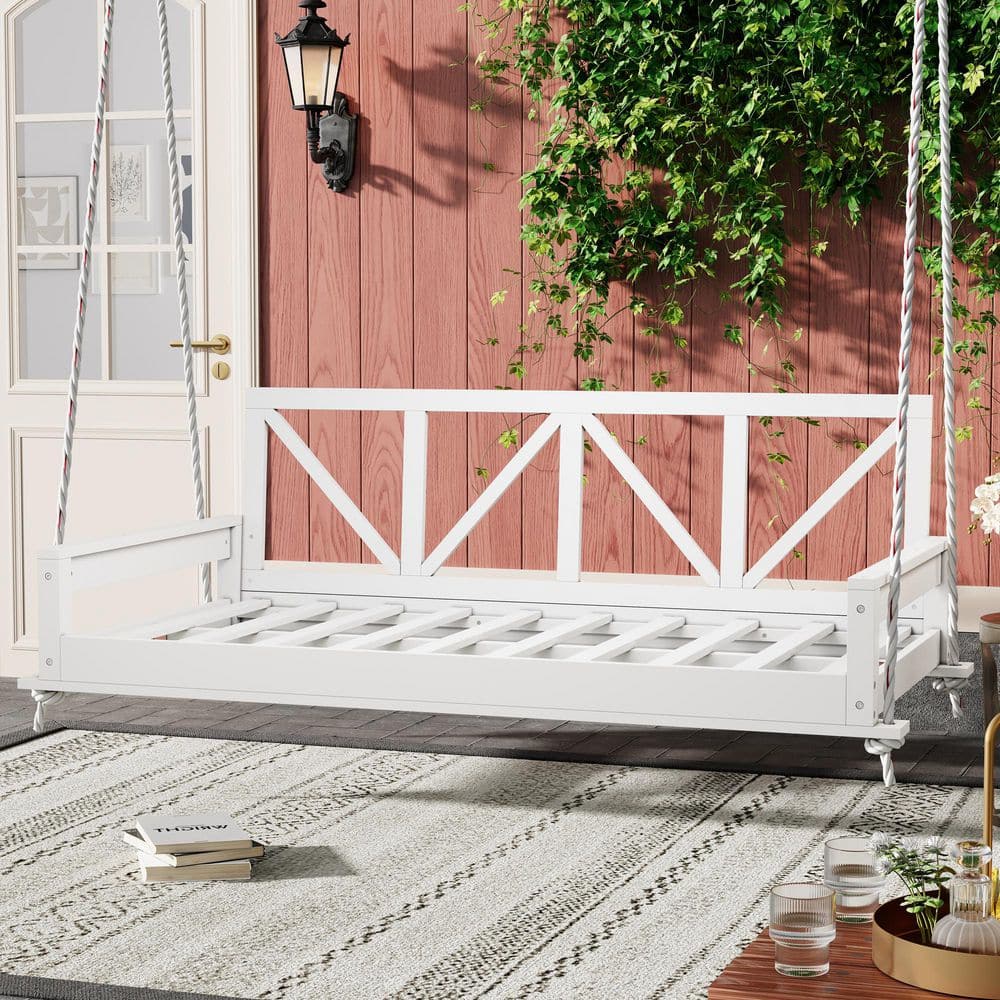 2-Person White Wood Porch Swing with 16.4 ft. Hemp Ropes for Backyard