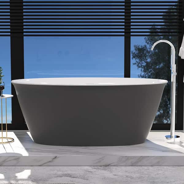 INSTER 59 in. Acrylic Flatbottom Freestanding Non-Whirlpool Double Slipper Soaking Bathtub in Gary Included Center Drain