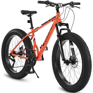 26 in. Fat Tire Shimano 21 Speed Mountain Bike with Dual Disc Brake, High-Carbon Steel Frame, Front Suspension, Orange