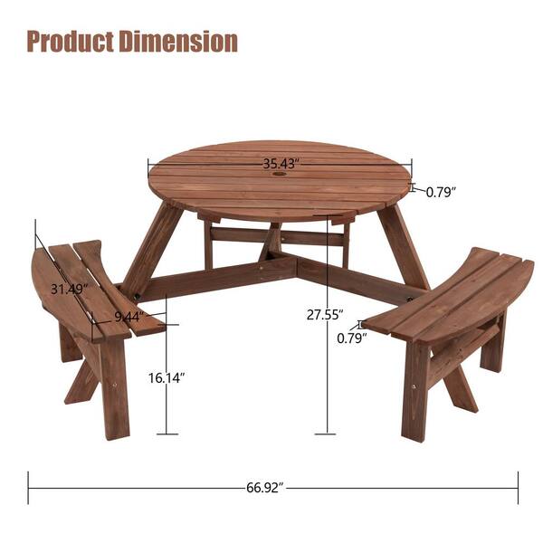 Cesicia 35 in. Dark Brown Round Circular Solid Wood Picnic Table Seats ...