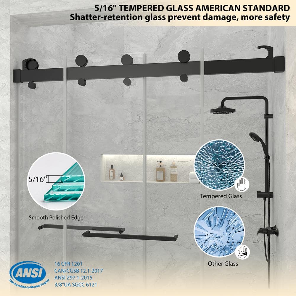 Matte Black Frameless Double Sliding Shower Door with Handles