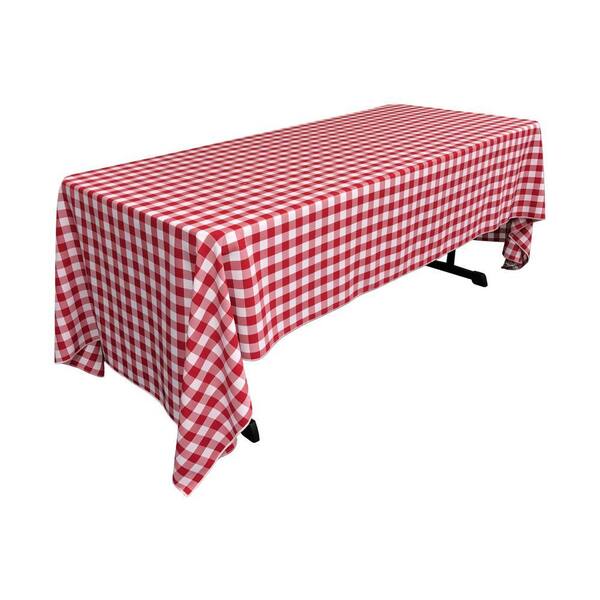 60 in. x 120 in. White and Red Polyester Gingham Checkered Rectangular Tablecloth