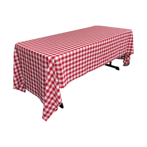 "60 in. x 144 in. White and Red Polyester Gingham Checkered Rectangular Tablecloth"