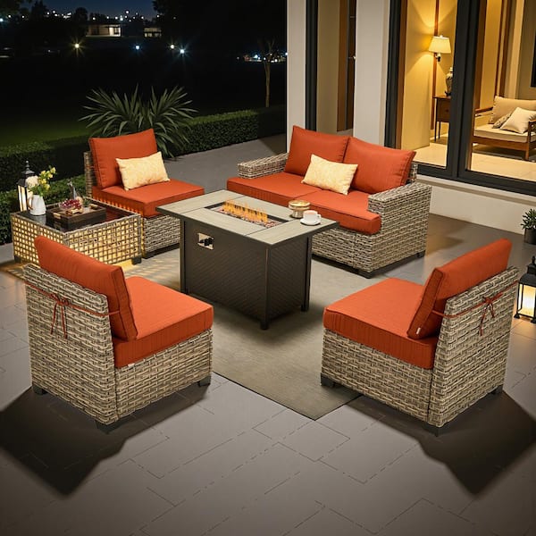 Silvae Gray Wicker 7-Piece Outdoor Patio Furniture Set in Patio Conversation Set with Fire Pit Table&Orange Red Cushion