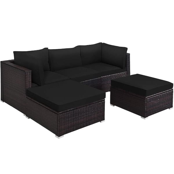 5-Piece Wicker Patio Conversation Set with Black Cushions