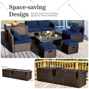 Brown 8-Piece Metal Patio Conversation Set with Storage Box Tempered Glass Table 2 Ottomans