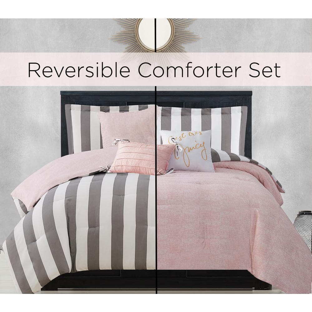 Twin Grey and White Striped Microfiber Comforter Set