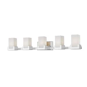 Peak 39.63 in. 5-Light Chrome Integrated LED Shaded Vanity Light with Clear and Matte Opal Glass Shade