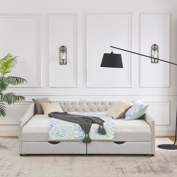 Beige Queen Size Upholstered Tufted Daybed with Waved Arms, 2 Storage Drawers and Copper Nailhead Trim