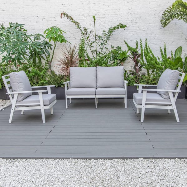 Walbrooke White 3-Piece Aluminum Outdoor Sectional Set with Removable Cushions Loveseat and Set of 2 Armchair Light Grey
