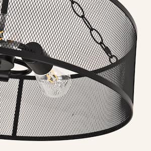 19.7 in. 3-Light Matte Black Drum Farmhouse Semi-Flush Mount with Metal Mesh Cage Shade