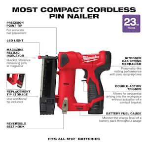 M12 12-Volt 23-Gauge Lithium-Ion Cordless Pin Nailer Kit with M12 Lithium-Ion HACKZALL Cordless Reciprocating Saw