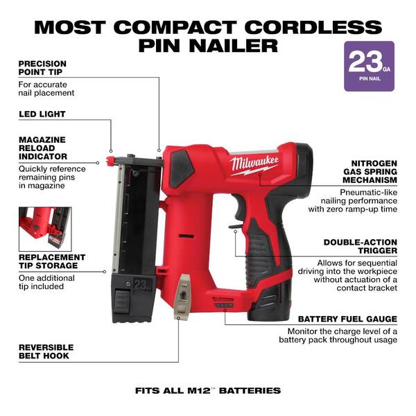 M12 12-Volt 23-Gauge Lithium-Ion Cordless Pin Nailer Kit w/M12 FUEL SURGE Brushless Cordless 1/4 in. Hex Impact Driver