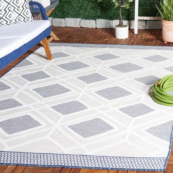 Cabana Ivory/Navy 8 ft. x 10 ft. High-Low Diamond Border Indoor/Outdoor Area Rug