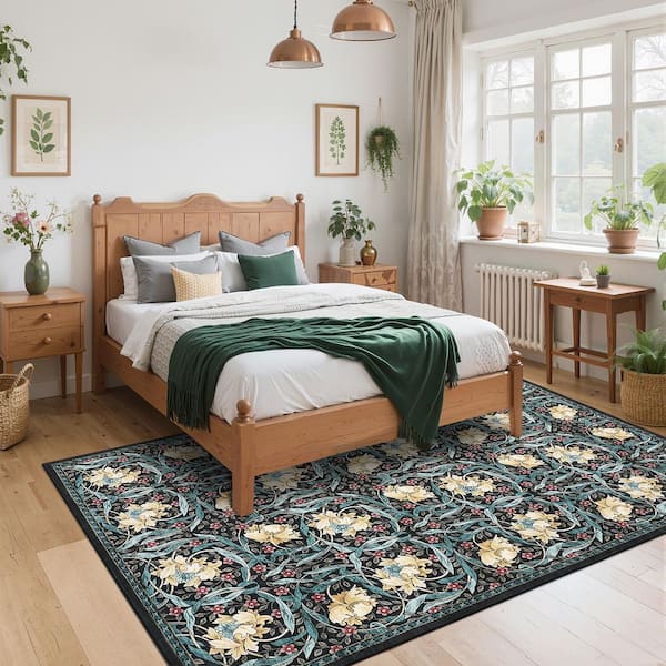 Black 9 ft. x 12 ft. Anti-Slip Plant Print Rug Vintage Machine Washable Low Pile Foldable for Bedroom Corridor Kitchen