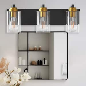 23 in. 3-Light Matte Black Metal Vanity Light Farmhouse Industrial Wall Sconce with Clear Glass Shade Gold Socket