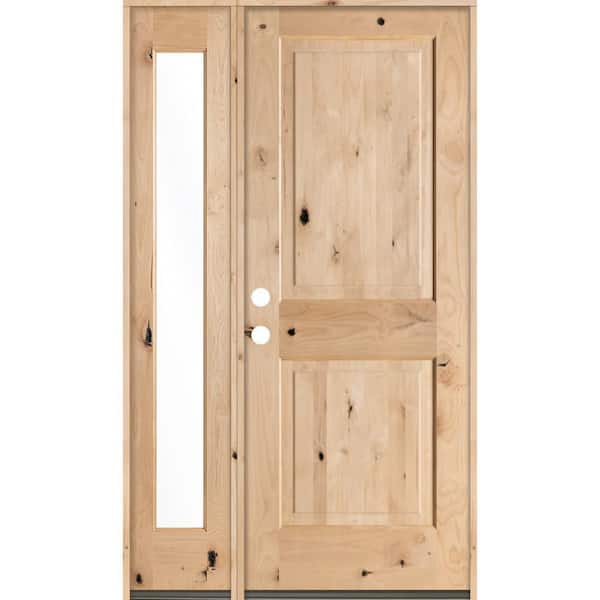 Krosswood Doors 44 in. x 80 in. Rustic Unfinished Knotty Alder Square-Top Right-Hand Left Full Sidelite Clear Glass Prehung Front Door