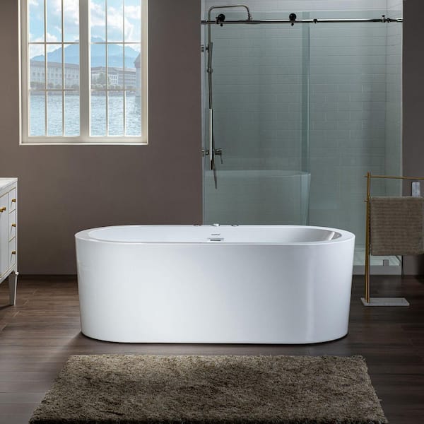 59 in. Acrylic Flatbottom Freestanding Whirlpool and Air with Inline Heater Bathtub,Drain and Overflow Included in White