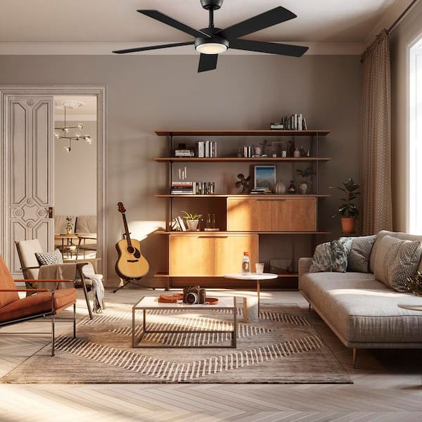 Benning 52 in. Indoor Matte Black Downrod Mount Ceiling Fan with Adjustable White Light LED and Remote Control Included