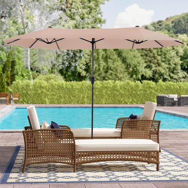 Zeus & Ruta 13 ft. Steel Outdoor Double Sided Market Patio Umbrella with UV Sun Protection and Easy Crank in Beige