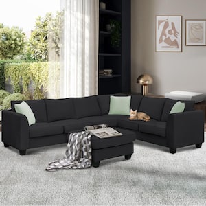 Sofa 112 in. Flared Arm 1-Piece Fabric L-Shaped Sectional Sofa in Black with Ottoman