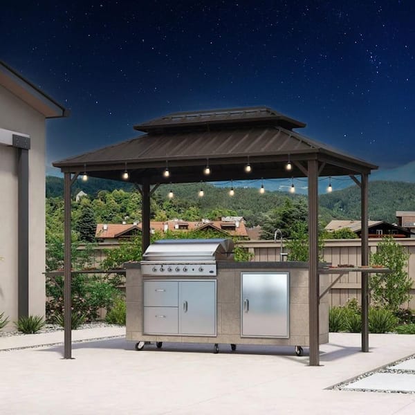 6.5 ft. x 10 ft. Hardtop Grill Gazebo for Patio Aluminum Barbecue Shelter Gazebo, Hooks,Shelves Double Tiered 24-Lights