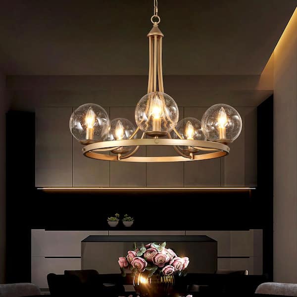 Uolfin Modern Gold Chandelier Pendant Light 5-Light Wagon Wheel Dining Room Chandelier with Seed Glass Shades