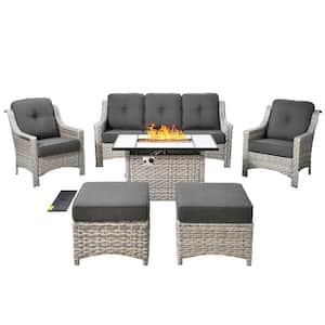 Verona Grey 6-Piece Wicker Outdoor Patio Conversation Sofa Seating Set with a Rectangle Fire Pit and Black Cushions