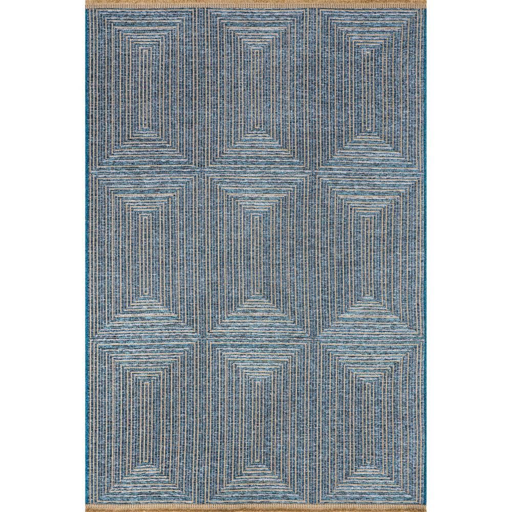 nuLOOM Geometric Diamond Fringe Blue 8 ft. x 10 ft. Farmhouse Area Rug