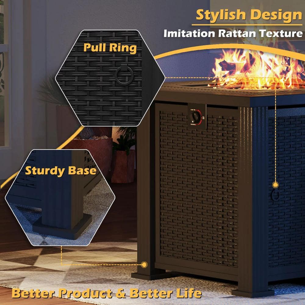 Black 28'' Galvanized Steel and Polyrattan Propane Fire Pit Table