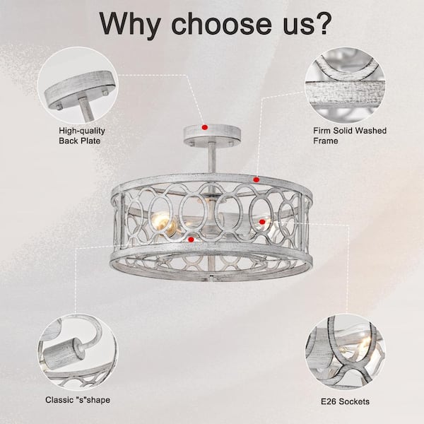 Sunpez 18.11 in. W Flush Mount Ceiling Light 3-Light Gray Caged Chandelier, 3 x E26, Bulb Not Included