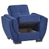 Blue armchair with storage compartment open.