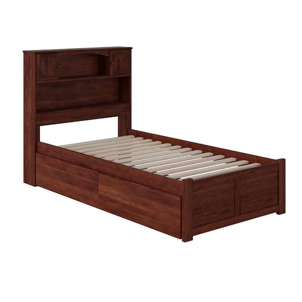 Newport Walnut Twin XL Solid Wood Storage Platform Bed with Flat Panel Foot Board and 2 Bed Drawers