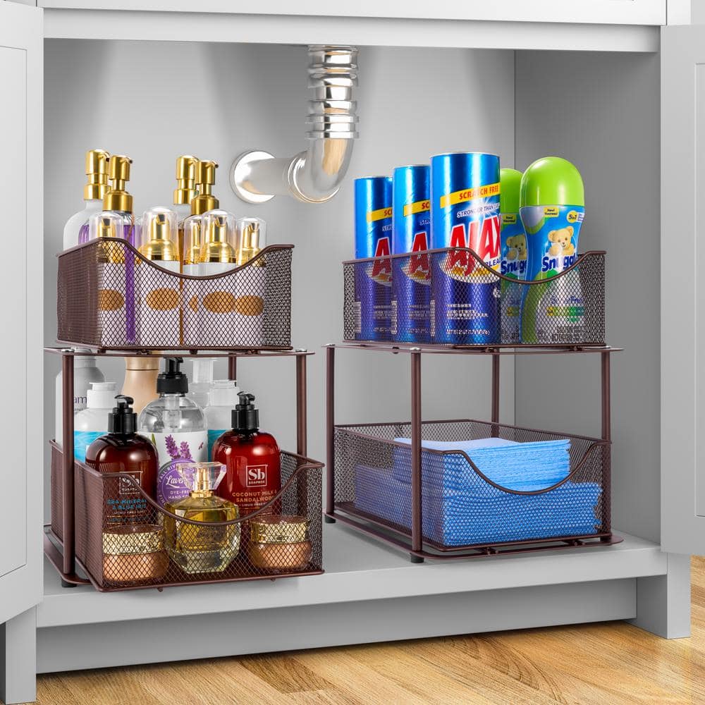 Bronze 2-Tier Metal Mesh Under Sink Organizer with Sliding Drawers