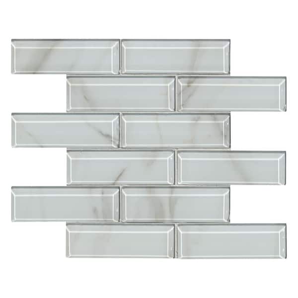 Ivory Amber Beveled 12x12 in. Glossy Glass Subway Mosaic Wall Tile with Soft Marble-Look Detail (9.7 sq. ft./Case)
