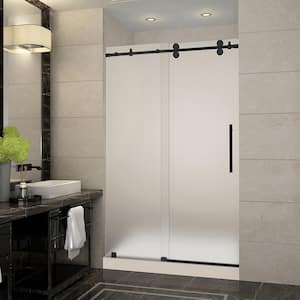 Langham 48 in. x 36 in. x 77.5 in. Frameless Sliding Shower Door with Frosted Glass in Matte Black, Right Drain
