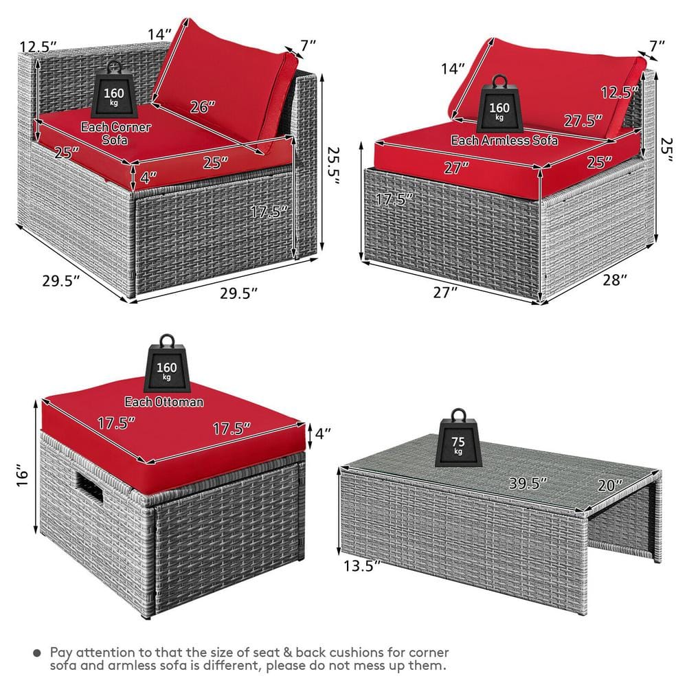 8-Piece Gray Rattan Patio Set with Red Cushions and Storage