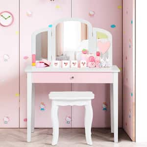 2-Piece MDF Top White Bar Table Set Kids Vanity Set Princess Makeup Dressing Play Table Set