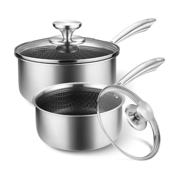 4-Piece Stainless Steel Hybrid Nonstick Saucepan Set Triply Honeycomb Interior Induction Ready Cooktop Set