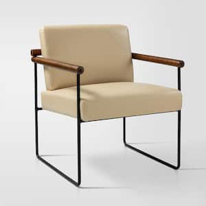 Juan Ivory Modern Leather Arm Chair with Metal Base and Solid Wood Arm and Back