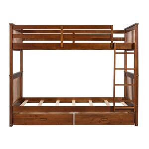 Walnut Kids Bed Twin Size Wood Bunk Bed with 2-Drawers and Ladders