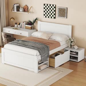 White Wood Frame Twin Size Platform Bed With 1 Spacious Drawer and 2 Shelves with Wheels