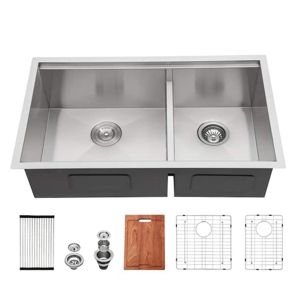33 in. Undermount 60/40 Double Bowl 16 Gauge Stainless Steel Low Divide Workstation Kitchen Sink with Strainers