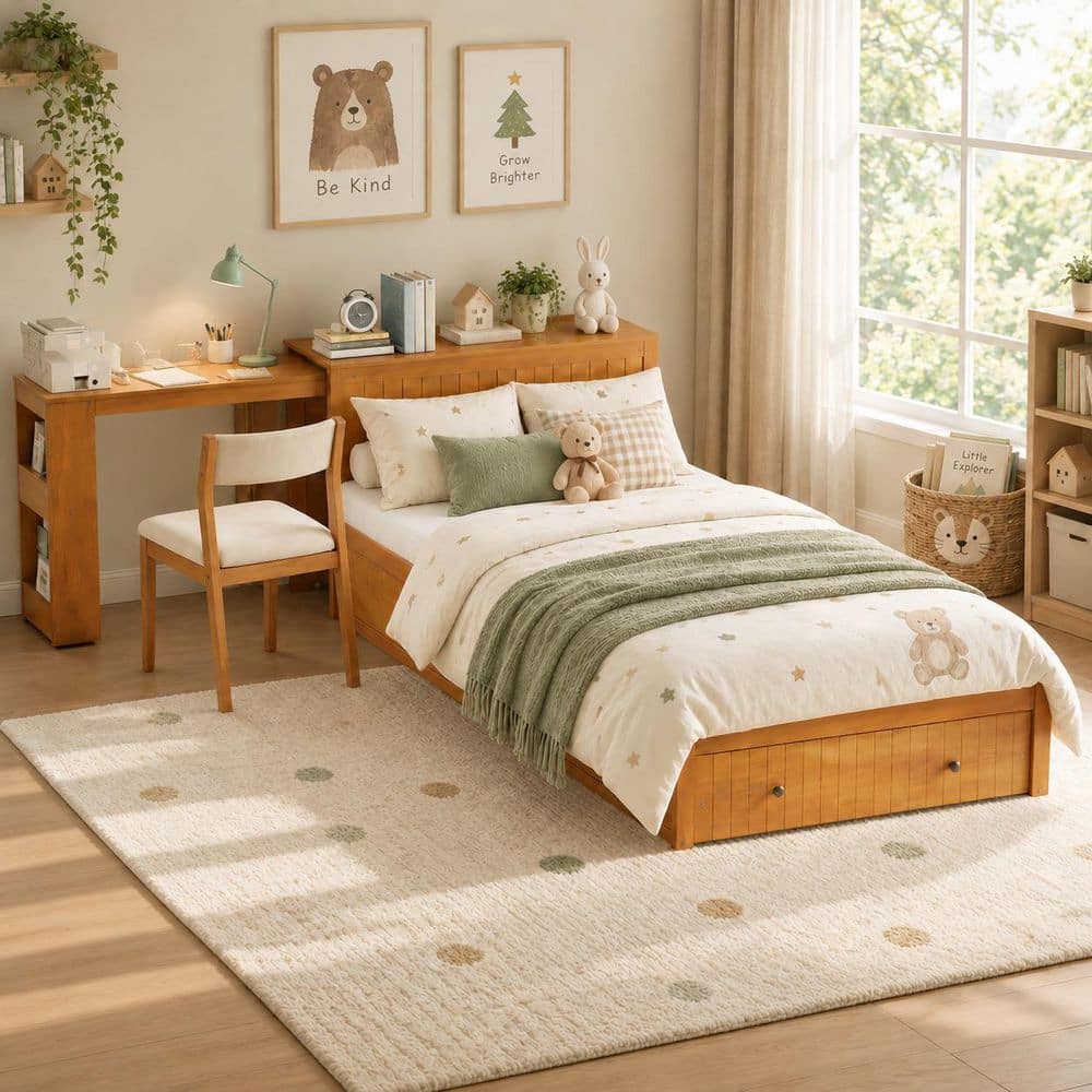Harper & Bright Designs Walnut Brown Wood Frame Twin Size Platform