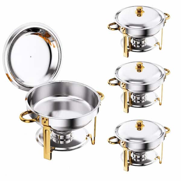 Gold 4-Pack 6 qt Round Stainless Steel Chafing Dish Buffet Set Food Warmers for Parties and Catering